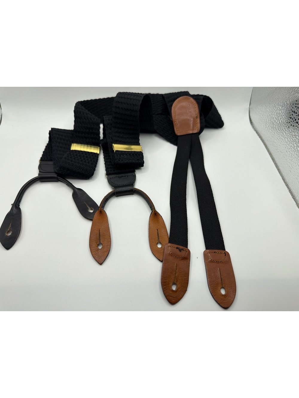 Cole Haan Vintage Black Elastic Suspenders with Brown and Black Leather Details